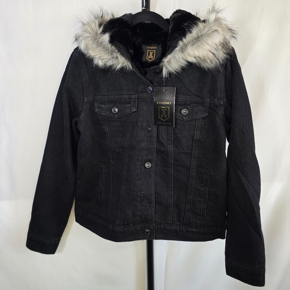 Black denim Fur lined Jacket with Hoody